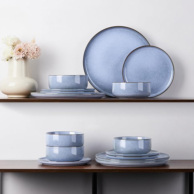 E-far 6-Piece Reactive Glaze Dinnerware Sets Ceramic Dishes Set for 2 Stoneware Plates and Bowls Dinning Ware Microwave &amp Dishwasher Safe - Ocean Blue