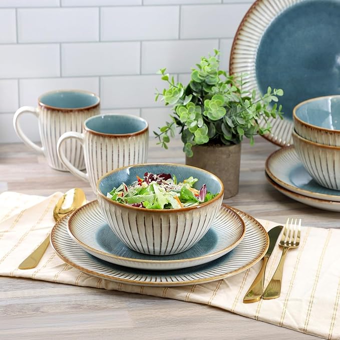16 Piece Stoneware Dinnerware Set Blue and Beige Plates and Bowls Microwave &amp Dishwasher Safe Dinner Set for 4 (Beige &amp Blue)
