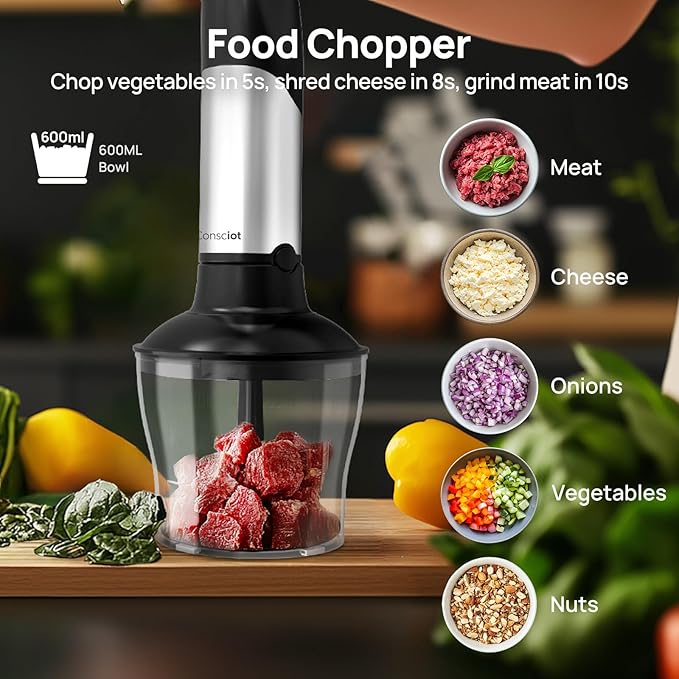 Consciot 10-in-1 Immersion Blender Handheld Max 1100W with Entire Stainless Steel Blender Shaft Trigger Speed Control 800ml Beaker 600ml Chopper Beaters Frothers Hooks Masher Whisk &amp 600ml