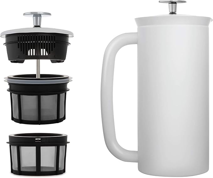 ESPRO - P7 French Press - Double Walled Stainless Steel Insulated Coffee and Tea Maker with Micro-Filter - Keep Drinks Hotter for Longer (Matte White 18 Oz) Cleaning Powder