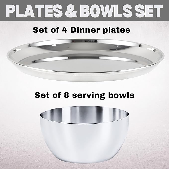 Stainless Steel Plates and Bowls Set 12 Pieces Steel Dinnerware set for 4 Metal Reusable Camping Dishes Kitchen Dinner Trays &amp 10 Oz Snack Bowls Dishwasher Safe (Heavy 6.5 Lbs)