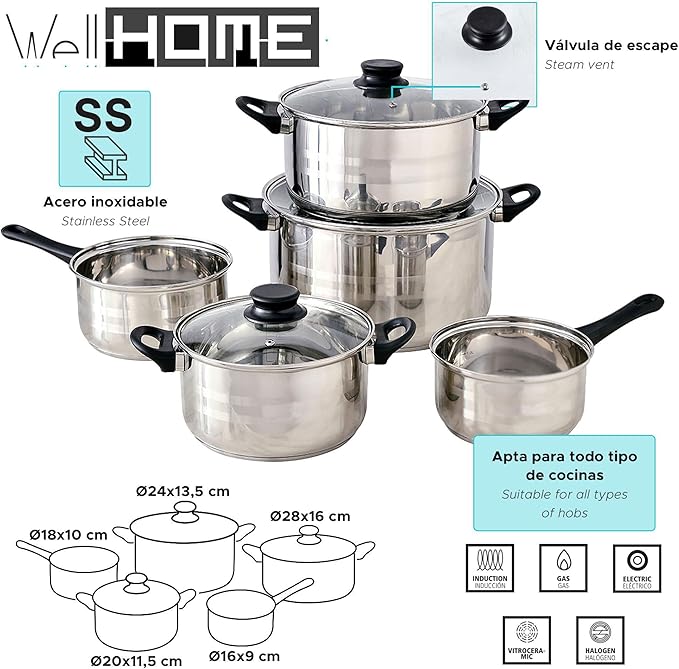 Well Home Set of 8pc Stainless Steel Cookware + 3 Frying Pans Ø16Ø20Ø24cm Black in Pressed Aluminium