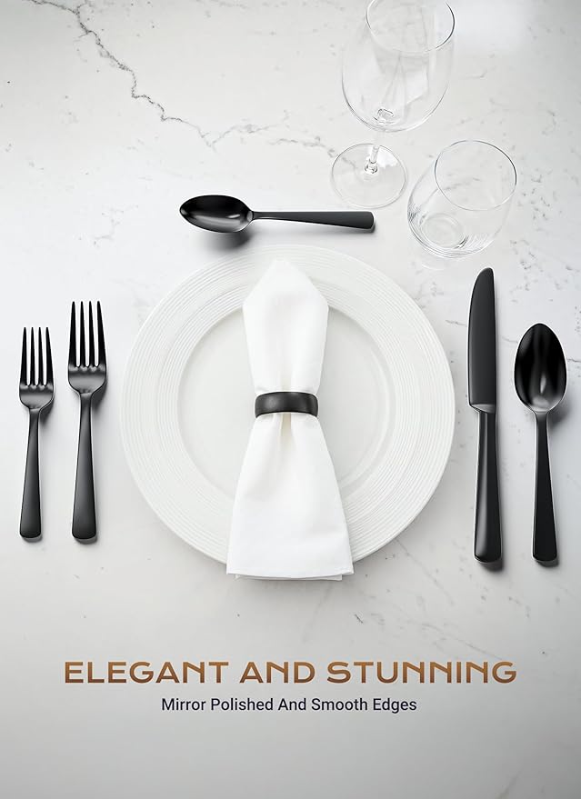 Black Silverware Set 45-Piece Flatware Set Service for 8 Durable Stainless Steel Mirror Polished Tableware Eating Cutlery Set Kitchen Utensils Set with Steak Knives Dishwasher Safe