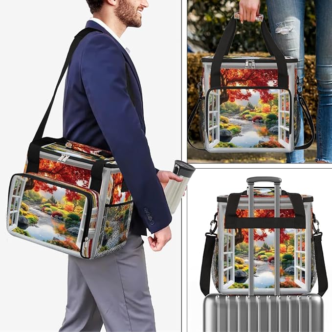 Window Scenery Maple Leaves Lake Coffee Maker Carring Bag Travel Carrying Storage Tote Bag Compatible with Keurig K-Mini or K-Mini Plus Portable Single Serve Coffee Brewer Case with Pockets