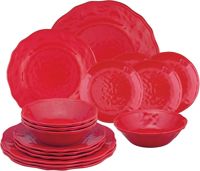 UPware 16 Piece Holiday Red Melamine Dinnerware Sets Outdoor Dishes Set Plates and Bowls Sets Christmas Decorations Service for 4 Red