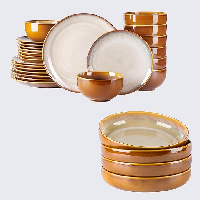 LERATIO Ceramic Dinnerware Sets for 8Stoneware Plates and Bowls SetsHandmade Reactive Glaze Dishes SetChip Resistant and Scratch Resistant | Oven&ampDishwasher &amp Microwave Safe-Kahki (28PCS)
