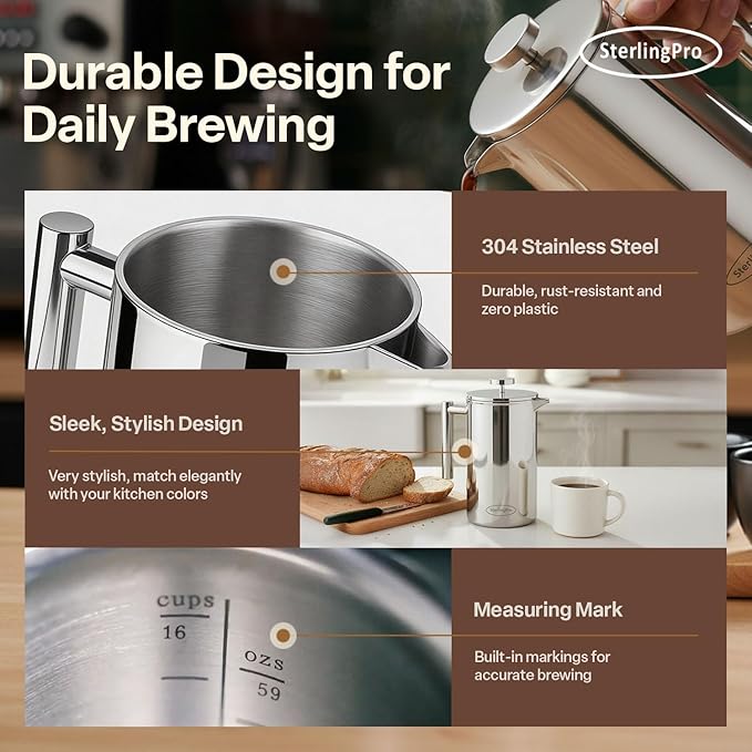 Stainless Steel French Press Coffee Maker 1.75 L (59 oz) Mirror – Double Walled Insulated Extra Large French Press Durable Design Keeps Drinks Hot Easy to Use and Clean for Rich Flavor