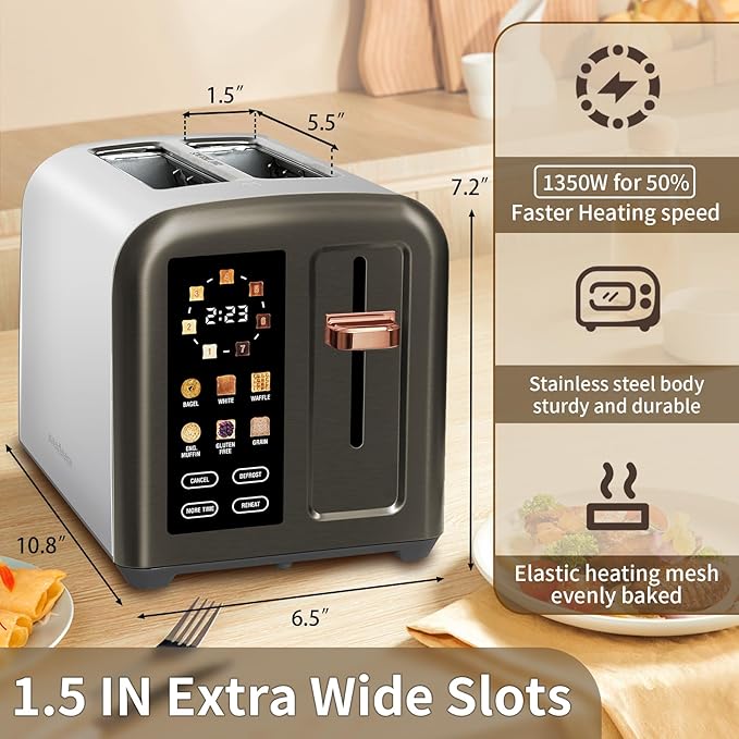 SEEDEEM Toaster 2 Slice Full Touch Control Stainless Toaster LCD Display 50% Faster Heating Speed 6 Bread Type 7 Shade Setting 1.5''Wide Slots Removable Crumb Tray 1350W Dark Metallic