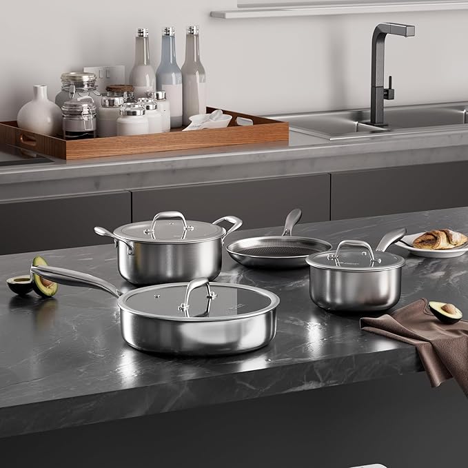 COOKER KING 7 PCS Stainless Steel Cookware Set Pots and Pans Set Non Stick Hybrid CookwareNon-Stick Frying Pan Saucepan Saute Pan &amp Stockpot Non-Toxic Oven Safe Induction Compatible