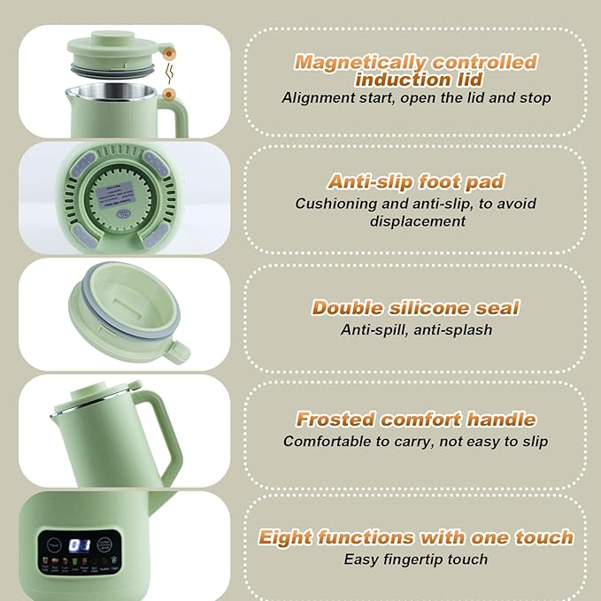 Nut Milk Maker Machine 20 oz Automatic Milk Machine with 10 Blades Plant-Based Milk Oat Soy Dairy Beverages Soy Milk Maker with 12 Hours Timer/Keep Warm/Auto-clean(Green)