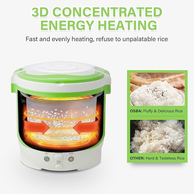 OSBA Mini Rice Cooker 1L Travel Rice Cooker Small 12V For Car Cooking For Soup Porridge and Rice Cooking Heating and Keeping Warm Function(Green)