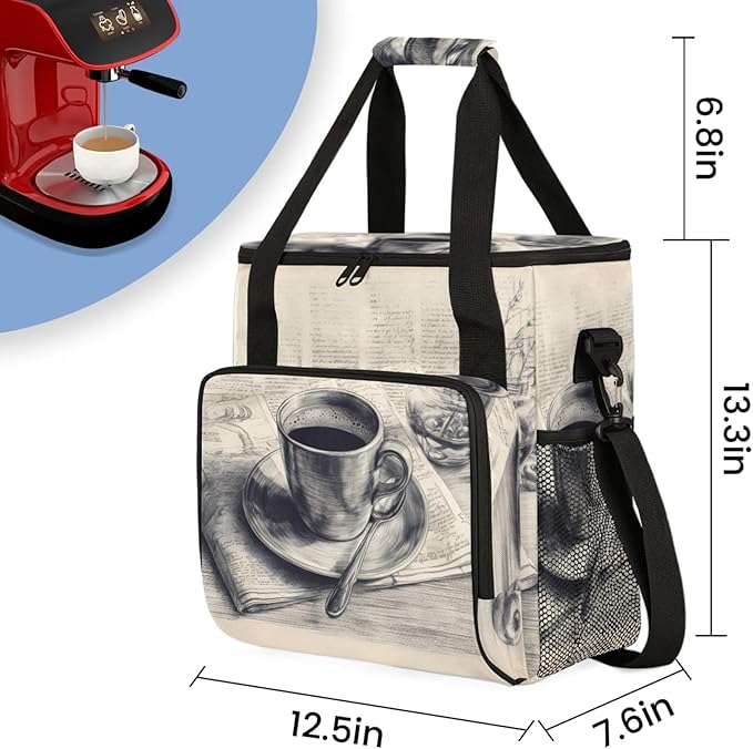 Retro Coffee Print Coffee Maker Travel Bag for Keurig K-Mini/K-Mini Plus Insulated Waterproof Tote with Pockets for K-Cup Portable Single-Serve Brewer Case