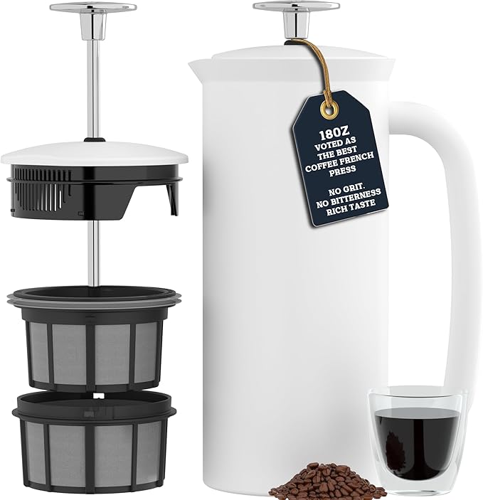 ESPRO P7 French Press Stainless Steel 304 – Patented Double Walled Micro-Filter Insulated French Press Coffee Maker Grit-Free Brew - Heat Resistant BPA Free - Matte White (18oz)