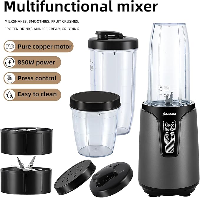 Panana Blender for Smoothies 850W Portable Personal Blender and Grinder Combo with 2x20oz Portable Smoothie Cups with To-Go Lids 6.8oz Coffee CupStainless Steel