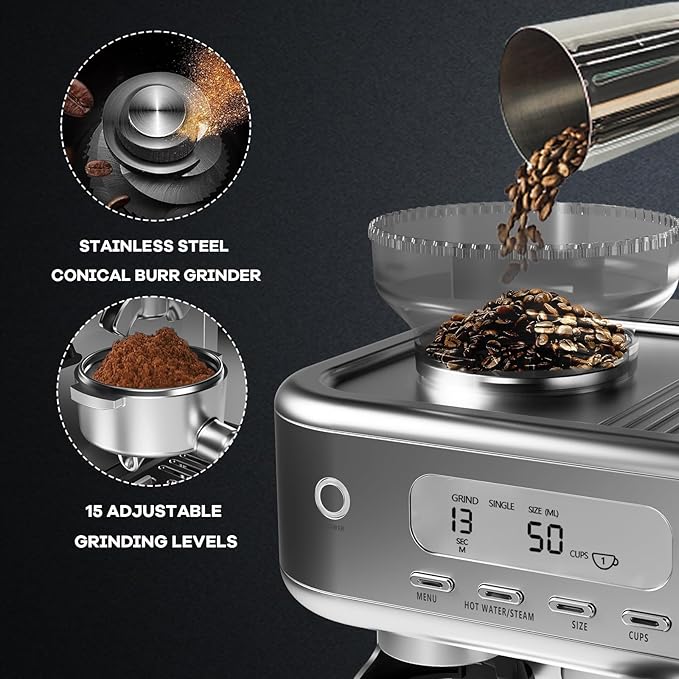 15 Bar Espresso Machine with Milk Frother Steam Wand PID Temperature Control &amp LCD Display 78oz Large Water Tank 1350W Powerful Coffee Maker for Latte/Cappuccino Home Barista Use