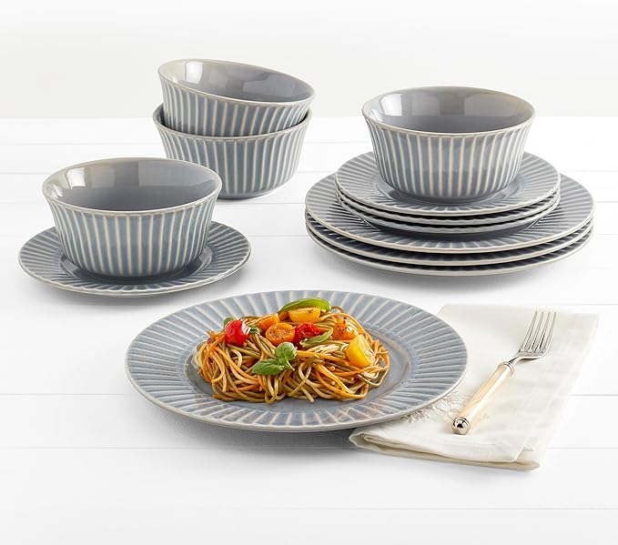 Tabletops Gallery Richmond 12-Piece Reactive Glaze Stoneware Dinnerware Set of Kitchen Dishes Dinner Plates Cereal Bowls Service for 4 Gray