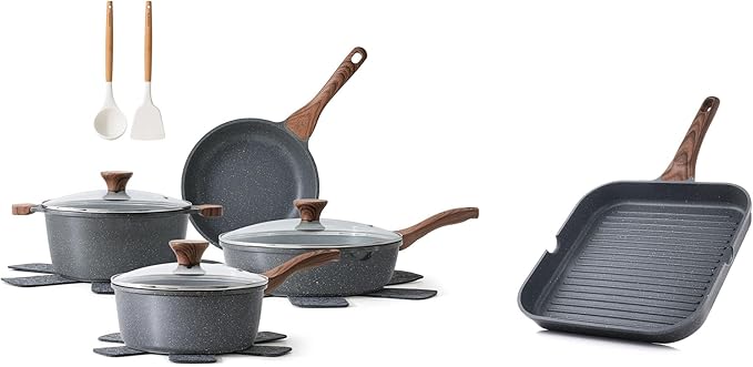 SENSARTE Nonstick Cookware Set 13-PieceStay-Cool Handles9.5 Inch Nonstick Grill PanDurable Skillet