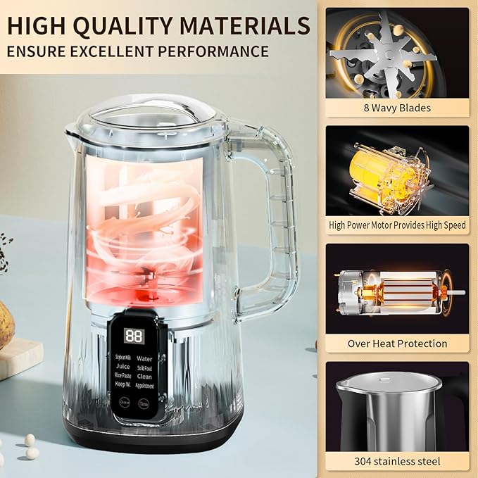 Nut Milk Maker Machine 28oz 8-in-1 Automatic Silent Soy Milk Maker for Homemade Almond Oat Coconut &amp Plant-Based Drinks with Delay Start/Keep Warm/Self-Cleaning/Boil Water (Black)