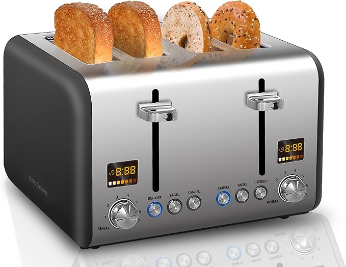 SEEDEEM 4 Slice Stainless Toaster - Color LCD Display 7 Shade Settings 1.5'' Wide Slots Bagel/Defrost/Reheat Functions Removable Crumb Tray Dark Chocolate 1800W