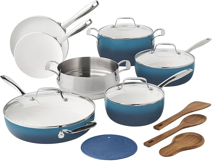 15-Piece Cookware Set Ceramic Nonstick Pots and Pans Set with Utensils Blue