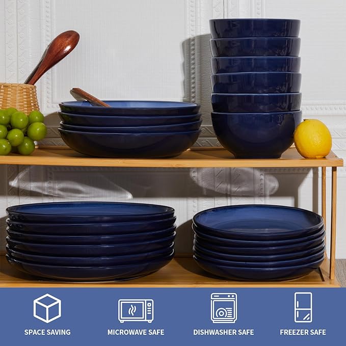 16 Piece Double Bowl Dinnerware Sets for 4-Modern Blue Stoneware Dinnerware Set-Scratch Resistant Dishwasher Safe Plates and Bowls Sets Ceramic Dish Set Bowl and Plate Set