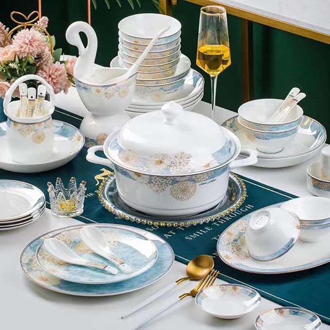 Blue Floral Bone China Dinnerware Set 60 Pieces Perfect For Wedding Or Housewarming Plate Set