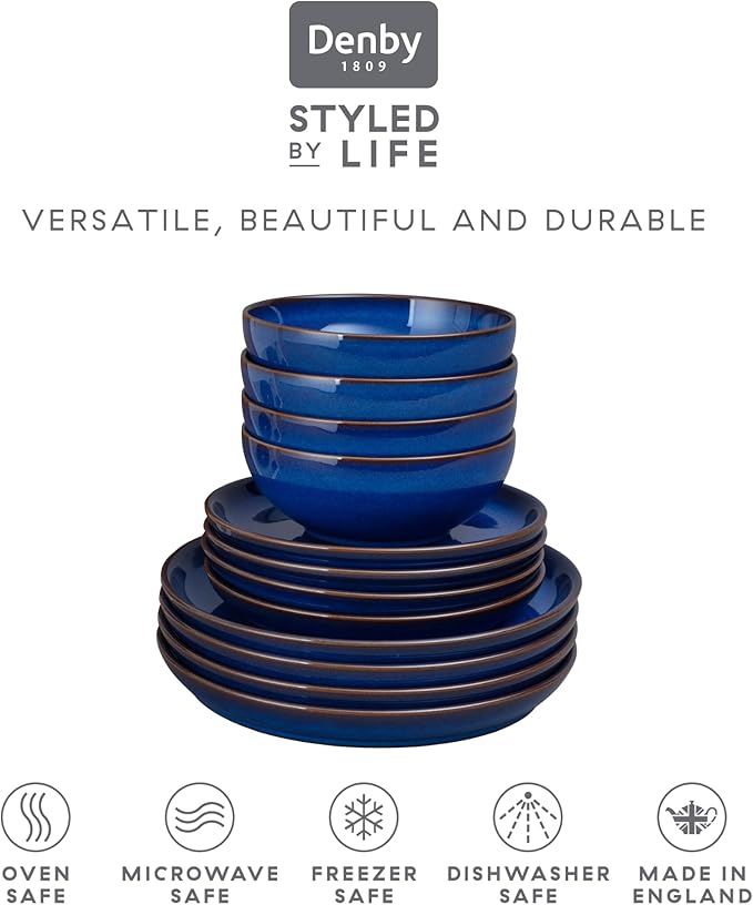 Denby 12-Piece Stoneware Imperial Breakfast Plate &amp Bowl Set Blue
