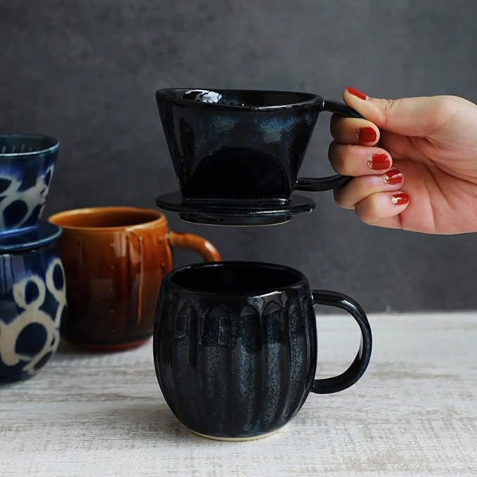 Asayu Japan Ceramic Coffee Pour Over Maker Set in Dark Navy Blue Slow Brewing Paper Filter Holder and Dripper with 3 Holes for Coffee and Tea - Complete 2PCS Set