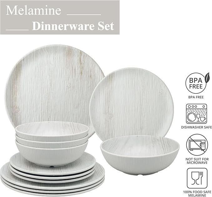 UPware 12 Piece Wood Grain Melamine Dinnerware Sets Outdoor Dishes Set Plates and Bowls Sets Service for 4 Gray