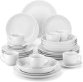 MALACASA 30-Piece Gourmet Porcelain Dinnerware Sets Modern White Round Dish Set for 6 - Premium Serving Plates and Bowls Sets for Dessert Salad Soup Pasta - Series AMELIA