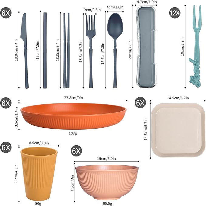 72 Pieces Premium Wheat Straw Dinnerware Sets for 4 Camping Crockery Set Unbreakable Tableware Set Unbreakable Picnic Tableware Sets for 4 People
