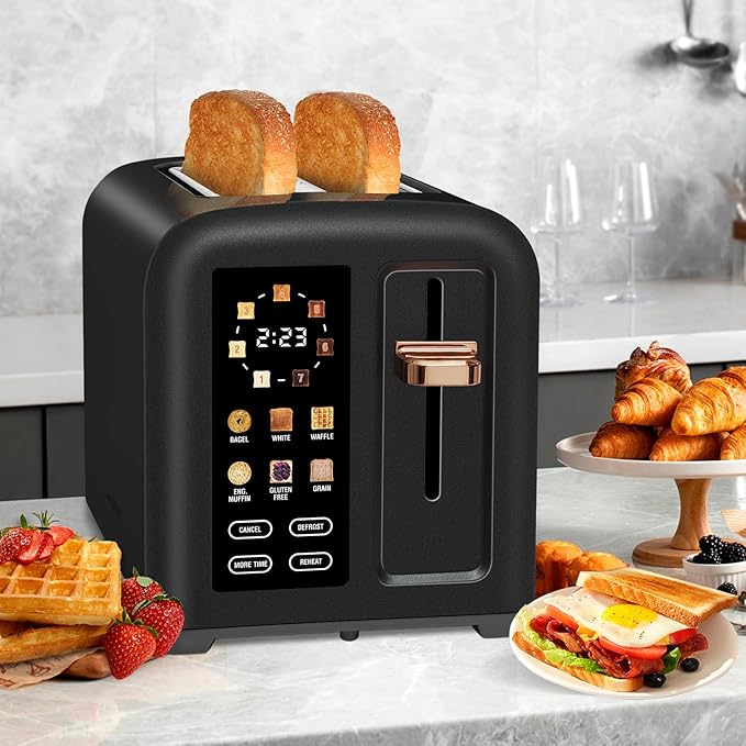 SEEDEEM Toaster 2 Slice Touch Control Stainless Toaster LCD Display 50% Faster Heating Speed 1.4'' Wide Slots More Timer Functions Removable Crumb Tray 1350W Dark Chocolate