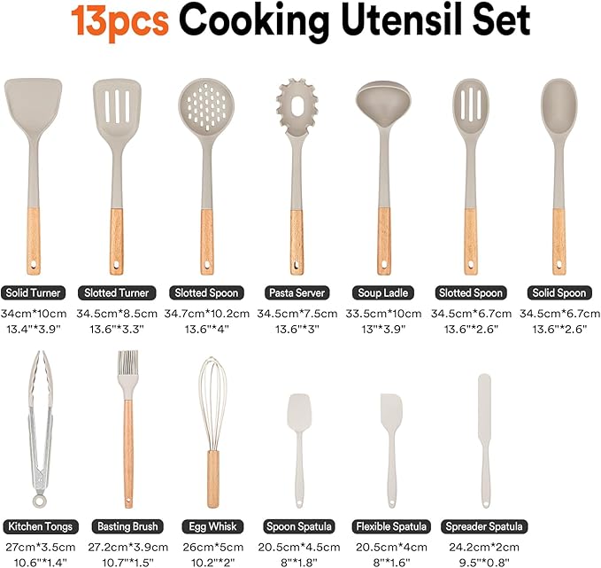 Kitchen Utensils Set 13PCS Silicone Cooking Utensils Heat Resistant Kitchen Utensil Spatula Set for Nonstick Cookware Wooden Handles Kitchen Gadgets Tools Set