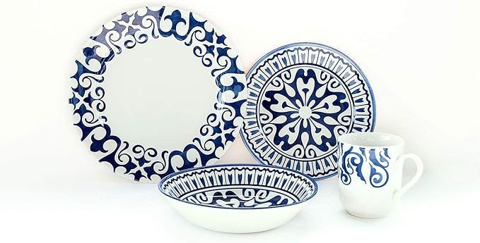 Tudor Royal Collection 24-Piece Premium Quality Round Porcelain Dinnerware Set Service for 6 - HENNA BLUE See 10 Designs Inside