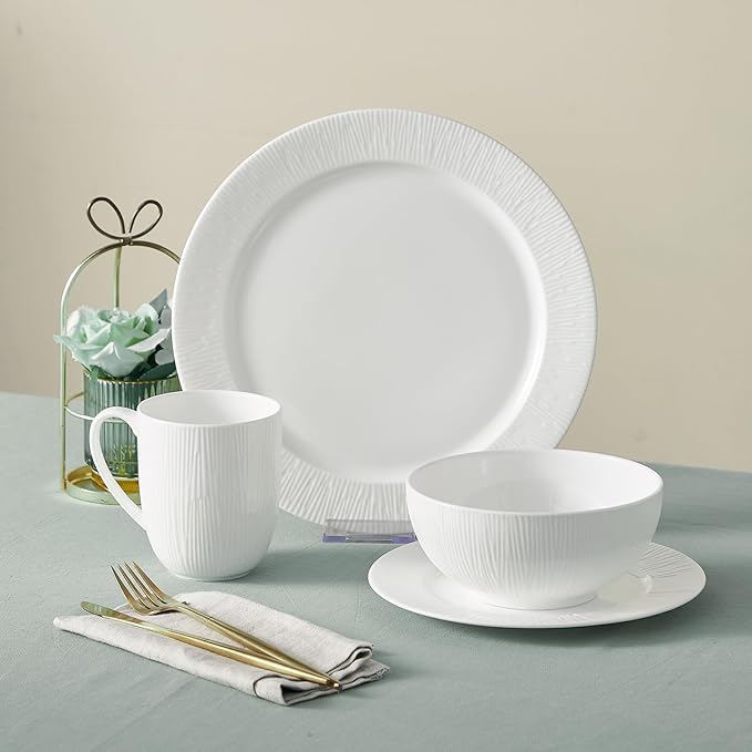 16Piece Bone China Dinnerware Set with Radial Stripe Texture Embossed Plates Bowls mugs Chip-Resistant Lightweight Elegant and Durable Service for 4 White