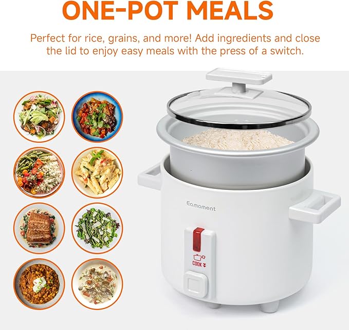 Small Rice Cooker White 1.5 Quart Mini Non-Stick Coated Insert Food Steamer and Dishwasher-Safe Glass Lid and Pot White