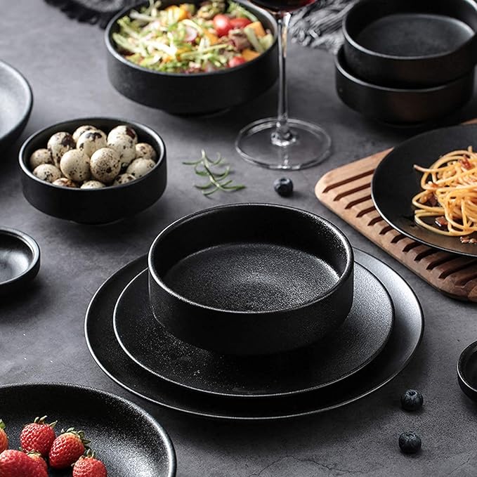 Ceramics Dinner Sets 46 Pieces Matte Black Glaze Cereal Bowl and Steak Plate Set | Porcelain Dinnerware Set for Family Gathering and Restaurant