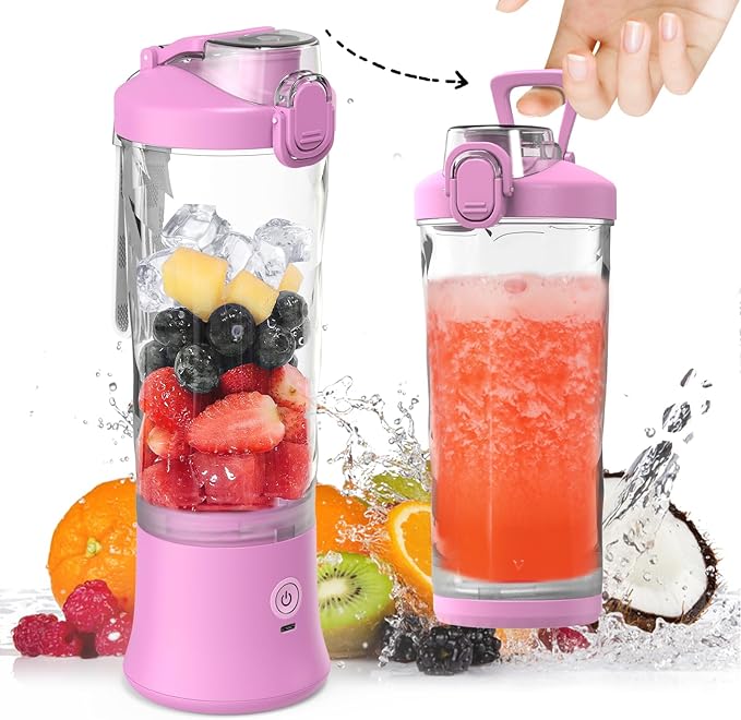 DENOKIN Portable Blender 20oz Vessel Cordless Personal Size Blend with 6 Blade and a Travel Lid (Purpleish Pink)