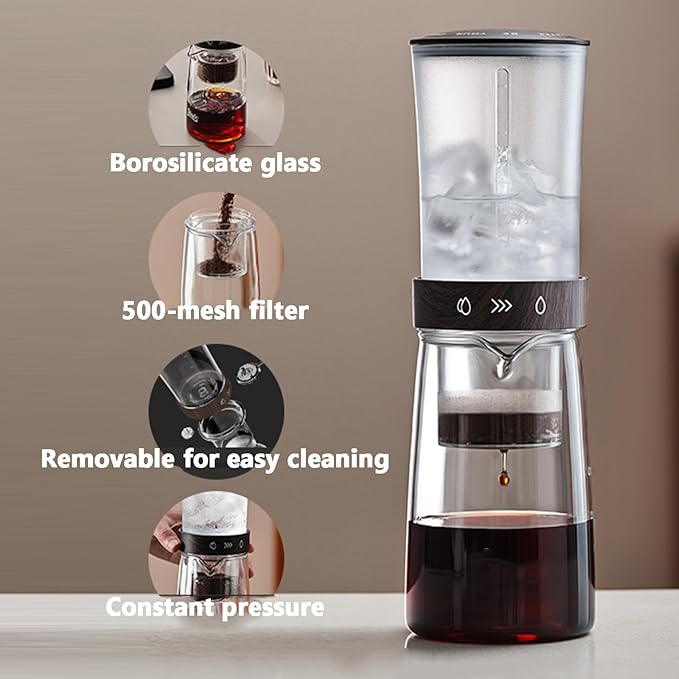 Drip Cold Brew Coffee Maker Machine Drip Iced Coffee Brew Maker 450ml Capacity 500-mesh High-density Filter Borosilicate Glass Lower Pot for Home and Office