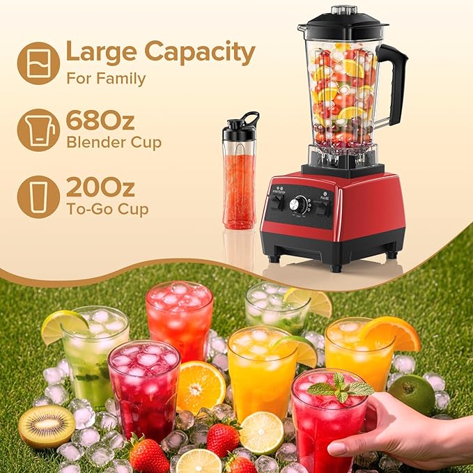 Blender for Smoothies Blenders for Kitchen with 68Oz. Pitcher and 20Oz.Juicer Container Smoothie Blender for Ice Crushing Frozen Fruits Red