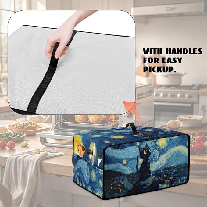 Starry Cat Print Toaster Oven Dust Cover Heavy Duty Bread Maker Machine Covers Machine Washable Small Kitchen Appliance Dust Covers with Accessory Pockets L