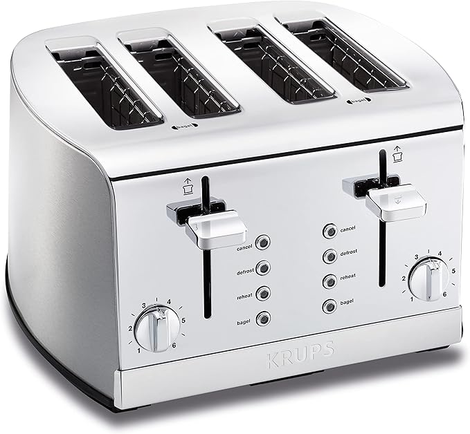 KRUPS: 4 Slice Toaster Stainless Steel 4 Functions Cancel Bagel Reheat Defrost 1500 watts 6 Shade Settings Removable Crumb Tray