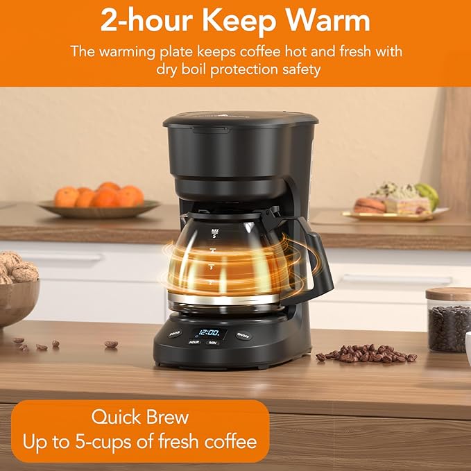 5-Cup Programmable Drip Coffee Maker a compact coffee machine with a digital clock and 24-hour programmable timer featuring Auto Shut-Off and a Removable Filter Basket for Home &amp Office.
