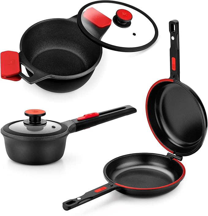 BRA COOKWARE Premiere &amp Infinity 6-Piece Nonstick Cookware Set | Cast Aluminum Pots &amp Pans Set w/ 1 Dual Skillet 1 Pot 1 Saucepan 2 Lids | 3-Layer NonStick | All Stovetops | PFOA Free