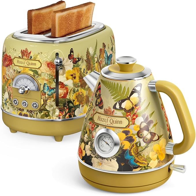 Hazel Quinn X Eduardo Recife Retro Breakfast Set 2-Slice Toaster &amp Electric Kettle Bundle 6 Browning Levels Extra Wide Slots 1200W Fast Boiling 1.7L Stainless Steel - Floral Artistic Design
