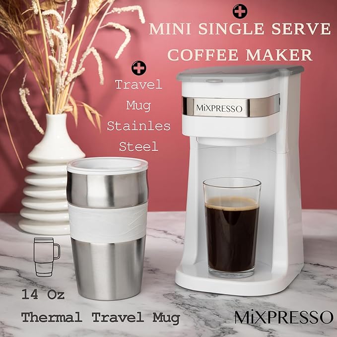Mixpresso White Personal Single Serve Coffee Maker with 14oz Travel Mug Drip Small Coffee Maker with Auto Shut Off Reusable Filter Works with Ground Coffee Only – Not for K-Cup Pods