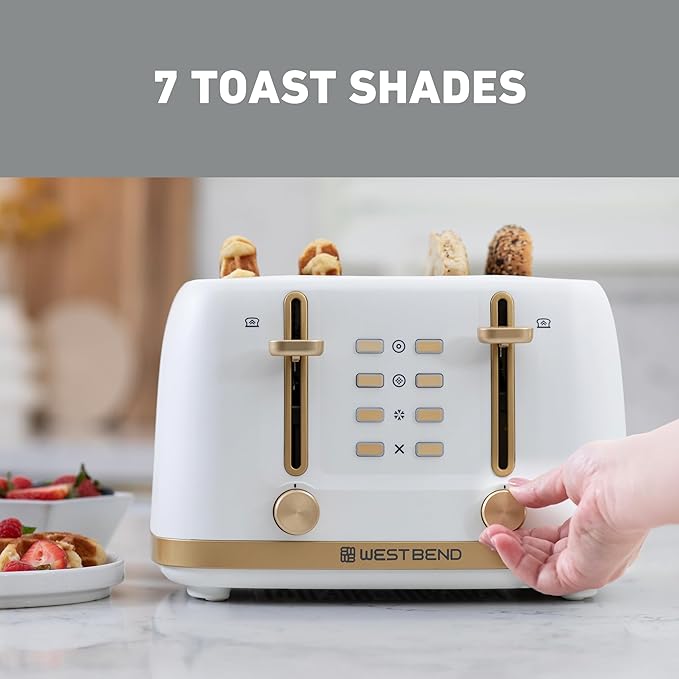 West Bend Timeless 4-Slice Toaster with 7 Browning Levels Bagel/Waffle/Defrost Settings High-Lift Lever Anti-Jam Easy-Clean Crumb Tray 4-Slice White/Gold