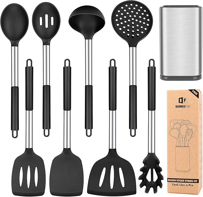 Silicone Cooking Utensil Set 8Pcs Non-stick Cookware with Stainless Steel Handle BPA Free Heat Resistant Kitchen Tools with Spatulas Turners Spoons Skimmer and Pasta Fork