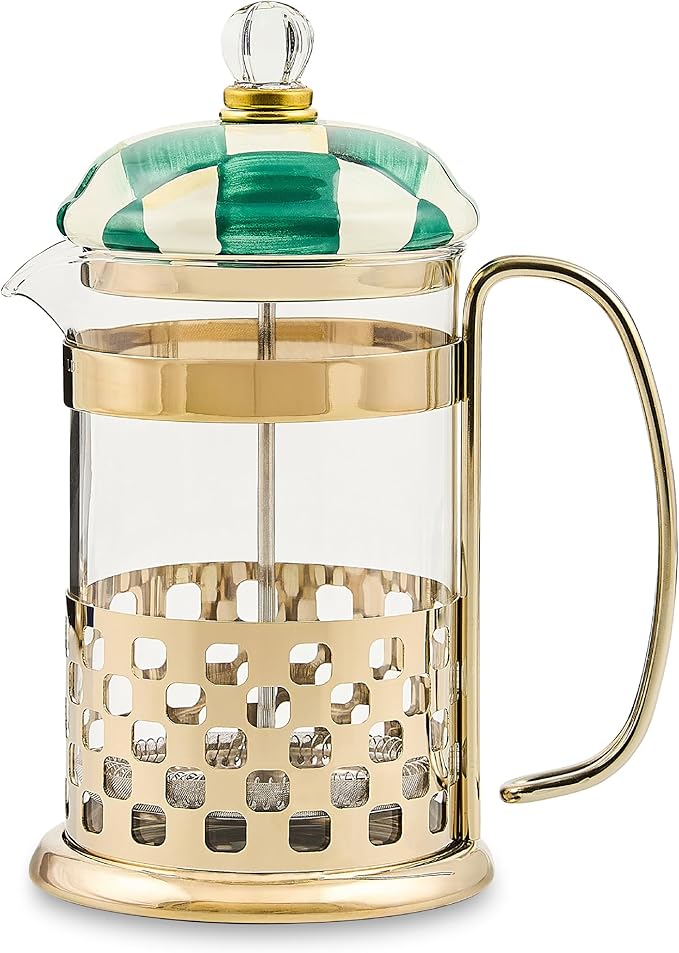 MACKENZIE-CHILDS Coffee French Press Glass French-Press Coffee Maker 32-Ounce Capacity Green-and-White Emerald Check