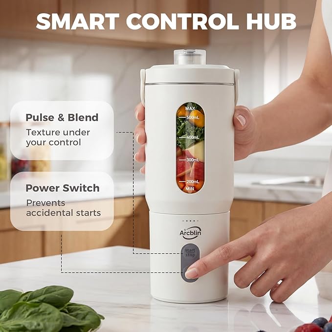 Portable Blender for Shakes and Smoothies 17oz Personal Blender with Detachable To-Go Cup &amp Carry Handle USB-C Rechargeable Mini Juicer Auto-Shutoff BPA Free Dishwasher Safe White